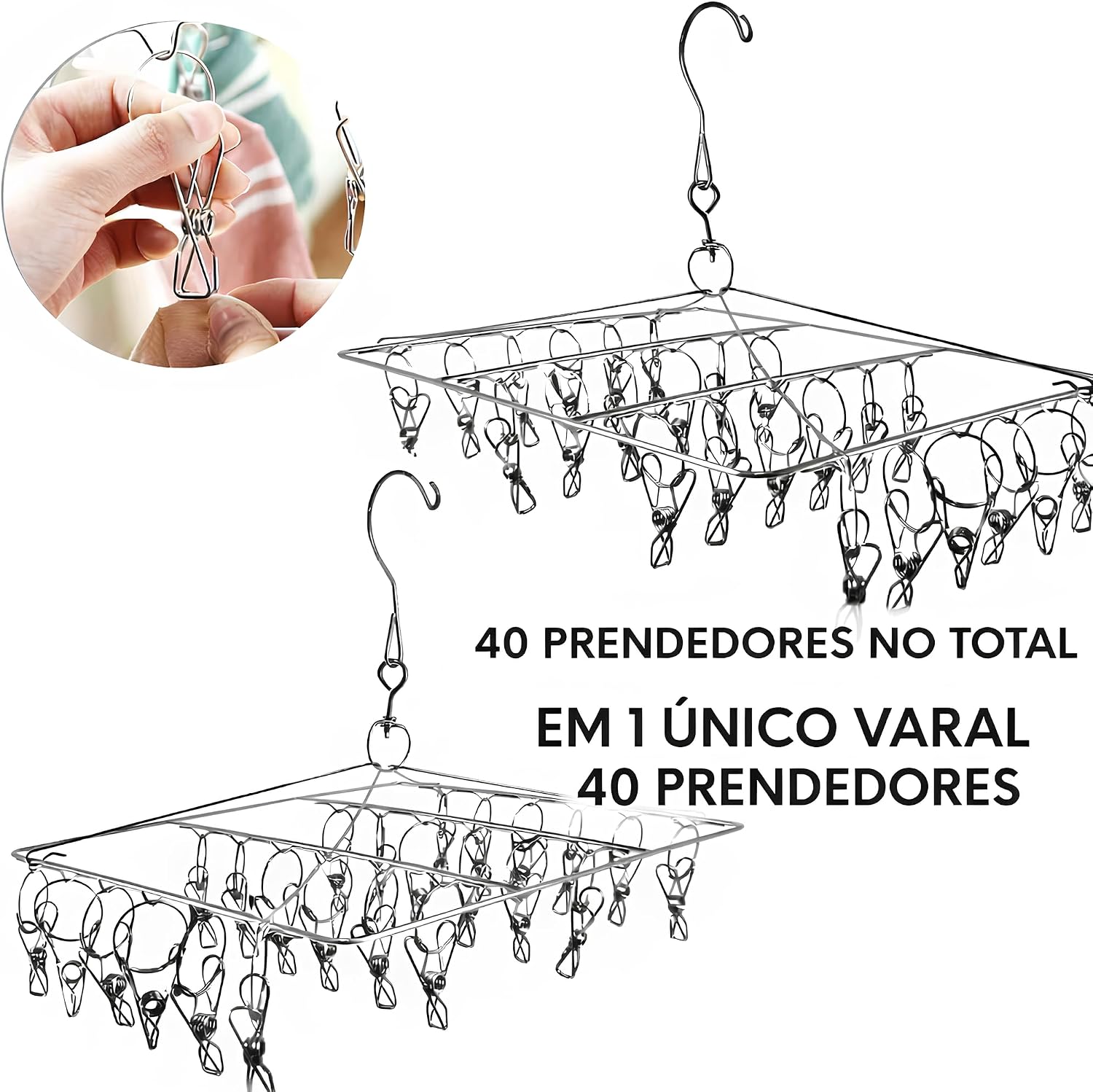 Varal Suspenso de Aço Inox Premium com 40 Prendedores para Meias, Calcinhas e Roupas Íntimas, Varal Quadrado Antiferrugem, Ideal para Apartamento, Lavanderia e Pequenos Espaços