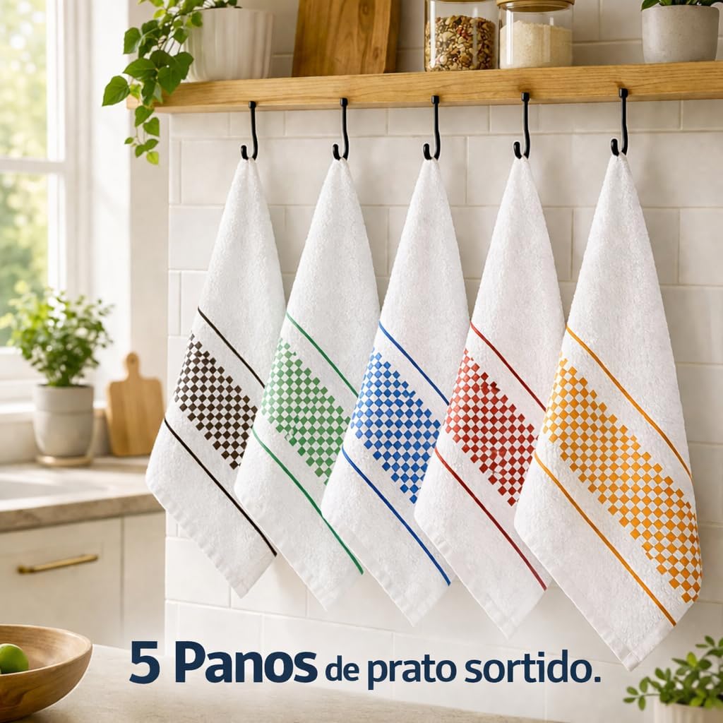 Panos de Prato Kit 5 Peças Branco Xadrez Colorido Alta Absorção