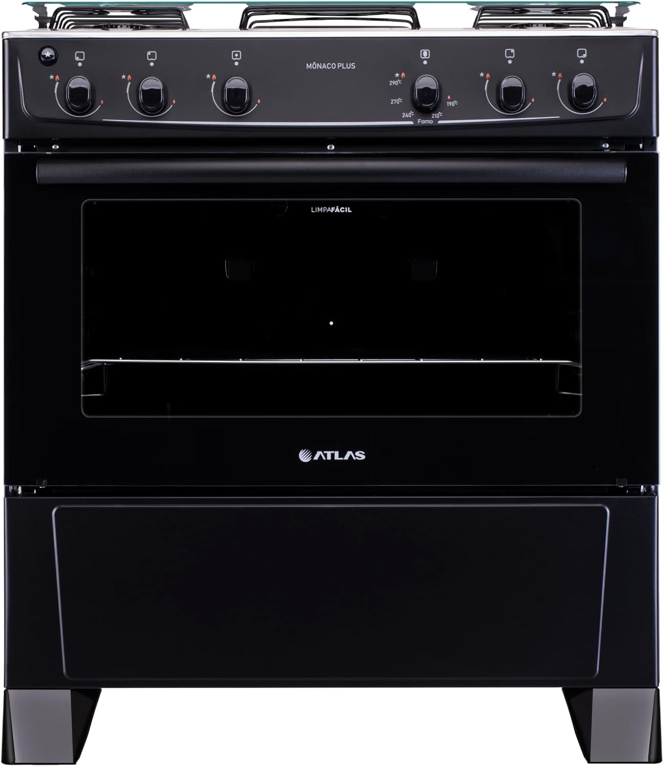 Fogão 5 bocas Atlas Mônaco Plus Preto com Acendimento Automático e Mesa Inox