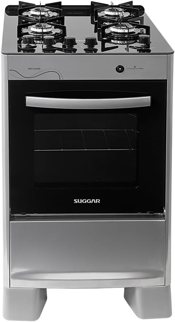 SUGGAR FOGÃO NEO GLASS PRATA MESA DE VIDRO 4 BOCAS TREMPE 6 APOIOS ACENDIMENTO AUTOMÁTICO FGVNG410PRIX