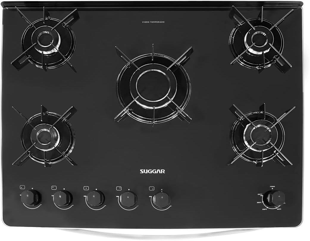 SUGGAR FOGÃO NEO GLASS PRATA MESA DE VIDRO 5 BOCAS TREMPE 6 APOIOS ACENDIMENTO AUTOMÁTICO FGVNG510PRIX