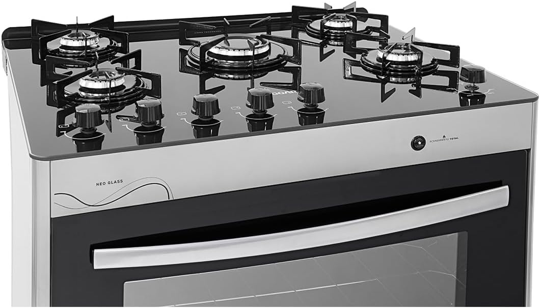 SUGGAR FOGÃO NEO GLASS PRATA MESA DE VIDRO 5 BOCAS TREMPE 6 APOIOS ACENDIMENTO AUTOMÁTICO FGVNG510PRIX