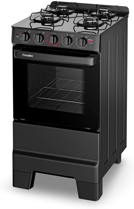 Fogão a Gás Mesa Glass Forno 50L Limpa Fácil e Acendimento Automático Esmaltec IDEAL Super Glass F4VAP Cor Preto 4 bocas Bivolt