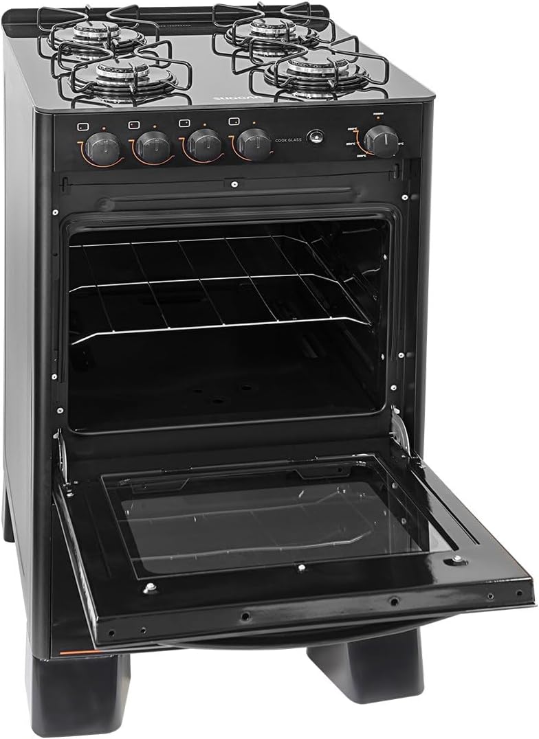 Fogão Suggar Cook Glass 4 Queimadores Mesa Vidro Preto Bivolt FGVCG410PT