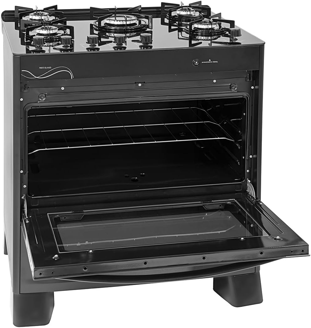 SUGGAR FOGÃO NEO GLASS PRETO MESA DE VIDRO 5 BOCAS TREMPE 6 APOIOS ACENDIMENTO AUTOMÁTICO FGVNG510PT