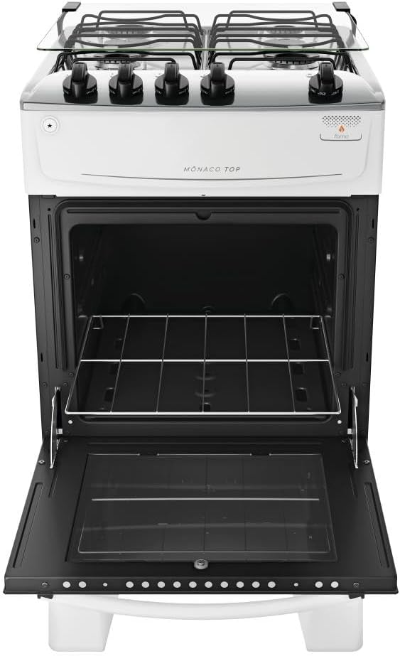 Fogão com Acendimento Automático Total, Mesa Inox e Forno 50L