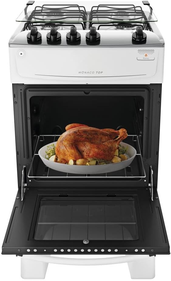 Fogão com Acendimento Automático Total, Mesa Inox e Forno 50L