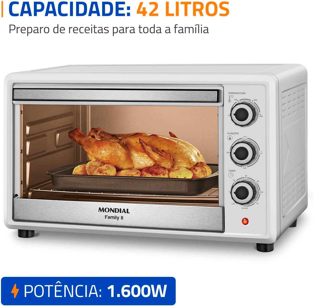 MONDIAL Forno Elétrico 42L Family II, Branco/Inox, 1600W, 220V - FRN-42-W