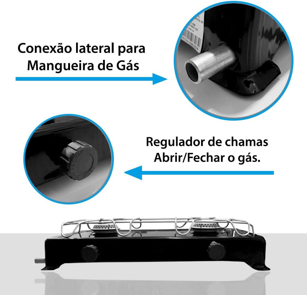 Fogão Portátil 2 Bocas com Kit Gás Completo Regulador e Mangueira 1,25m Stander
