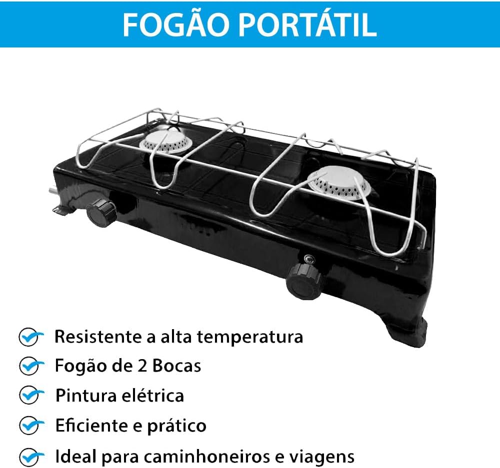 Fogão Portátil 2 Bocas com Kit Gás Completo Regulador e Mangueira 1,25m Stander