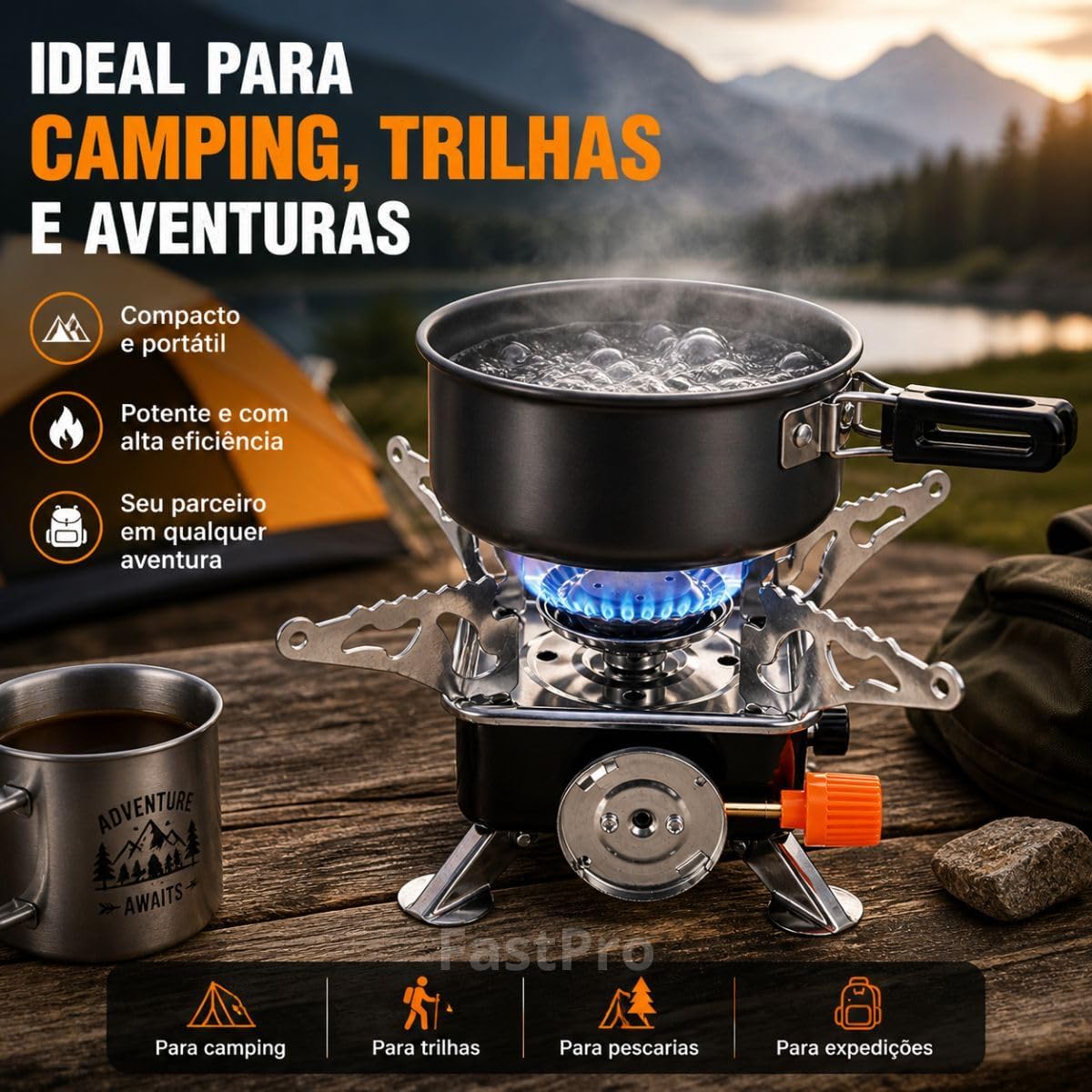 Fogão Portátil de Camping em Aço Inoxidável com Suporte Dobrável para Uso ao Ar Livre Premium