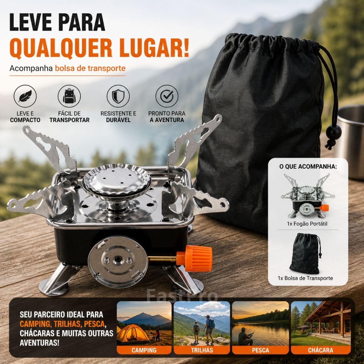 Fogão Portátil de Camping em Aço Inoxidável com Suporte Dobrável para Uso ao Ar Livre Premium