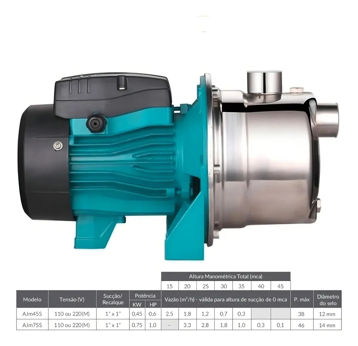Bomba D Água Centrífuga Autoaspirante AJM45S 0,6hp 0,6cv Aço Inox Lepono 60hz