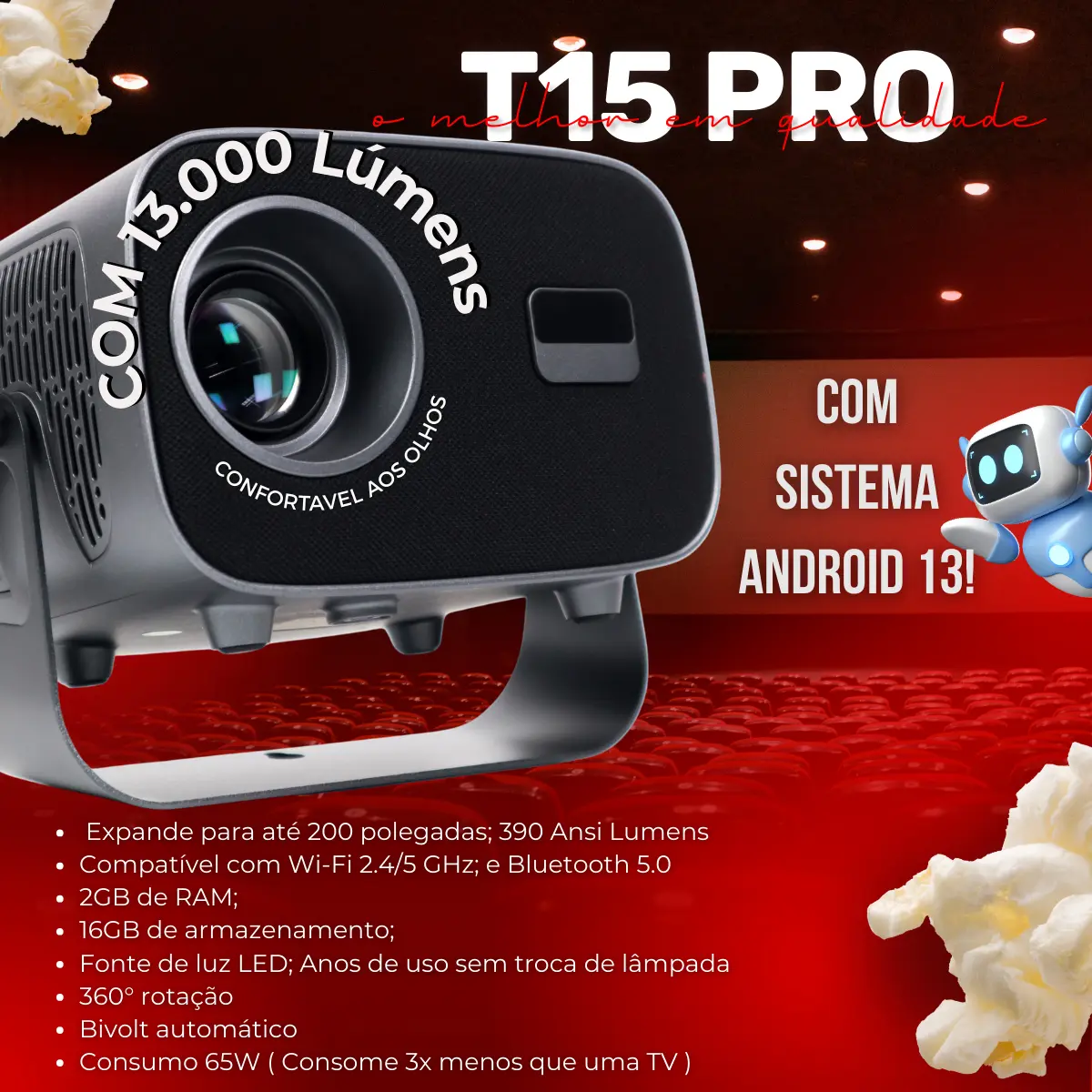 Projetor Portátil Full Hd 4k T15 Pro 10000lm Cores Fortes Hd