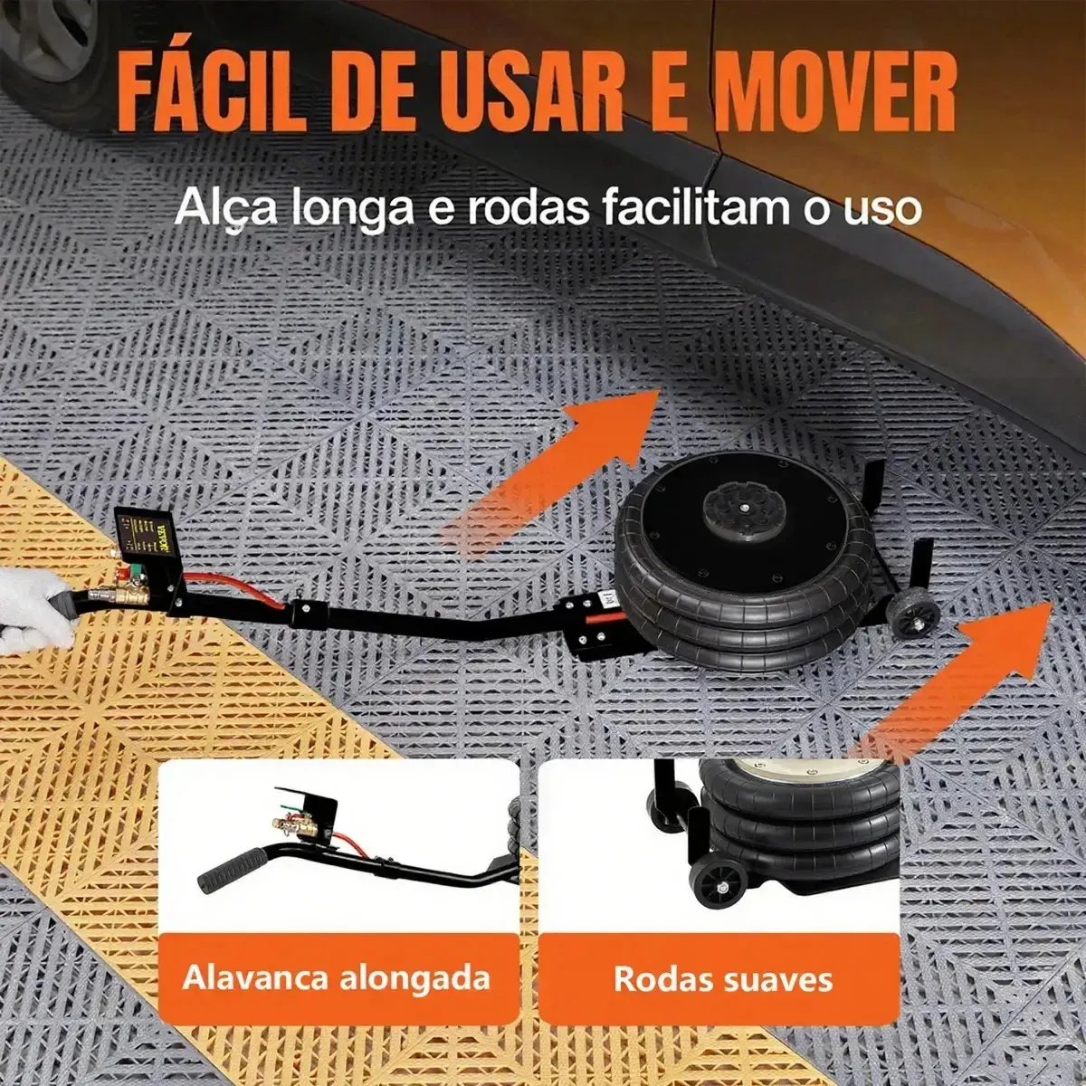 Macaco Pneumático 3t Triplo com Rodas e Alça, para Carro, Suv e Caminhonete