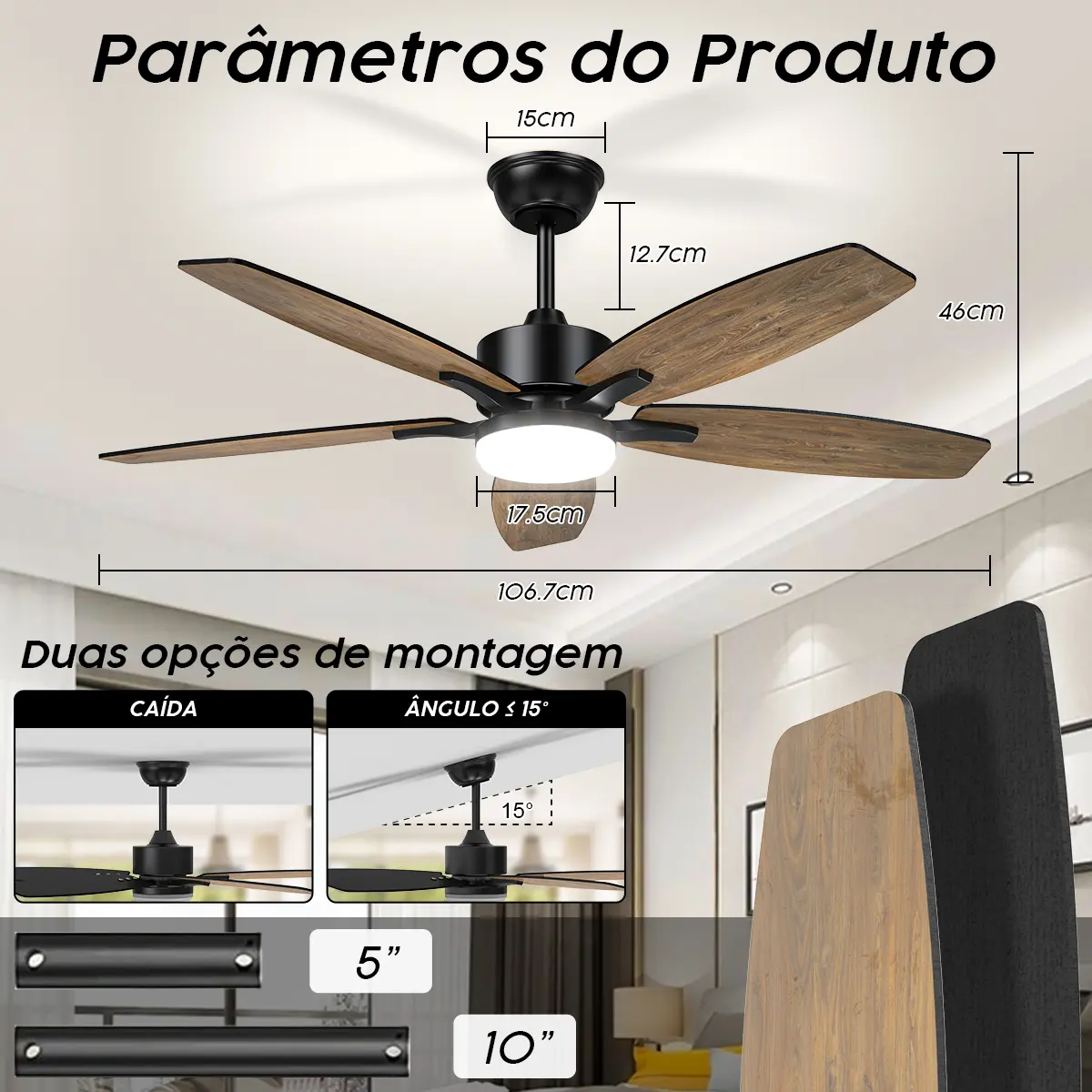Ventilador de Teto FANSVENTO com Luz LED Controle Remoto 106cm 6 Velocidades - Bivolt 110V/220V