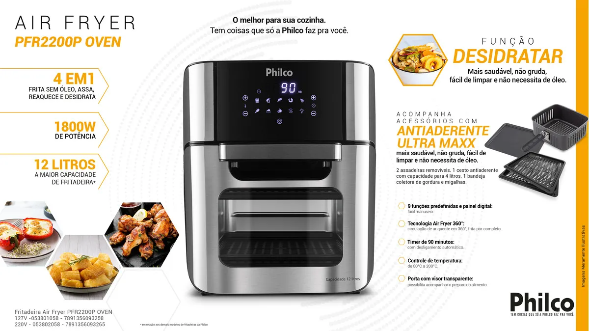 Fritadeira E Forno Air Fry Oven Philco 2 Em 1 - Bivolt 110V/220V